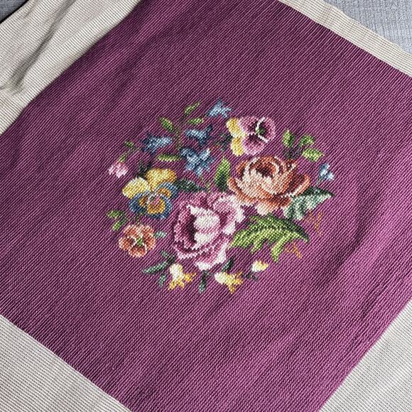 Vtg Completed Needlepoint Petit Point Floral Victorian Burgundy Diamond 18X18.5” - Picture 4 of 5